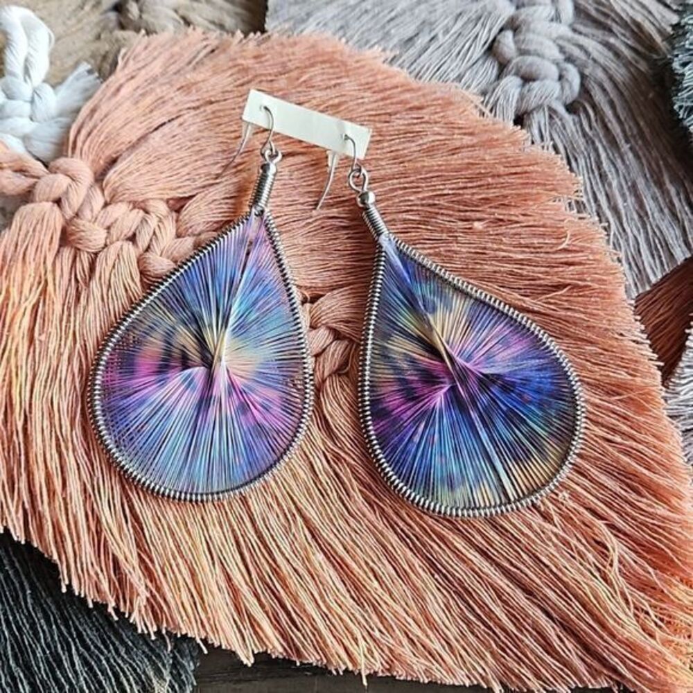 Large Teardrop Dangling Multicolor String Wrapped Earrings‎